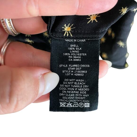 Theory Black & Yellow Star Print Silk Long Sleeve Flare Mini Dress - Picture 14 of 14